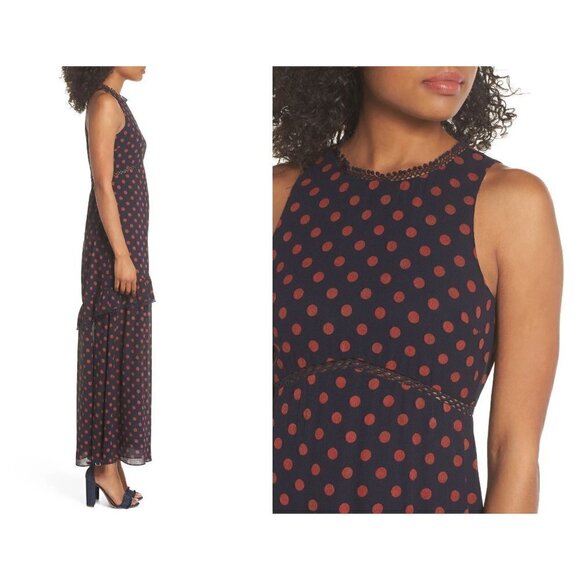NWTD NSR Size M Polka Dot Print Sleeveless Ruffle Maxi Dress Navy Rust - Picture 2 of 15